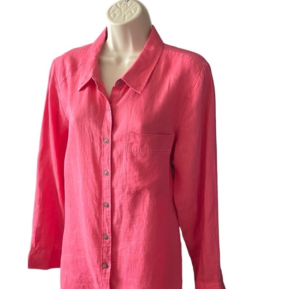Karyn Seo Boho Tunic Handmade 100% Linen Shirt Large Coral Buttons Floral Back - Picture 3 of 10